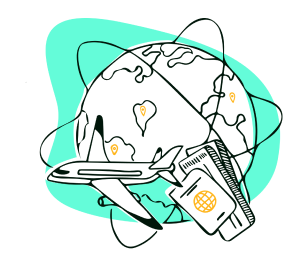 A globe with a plane circling it